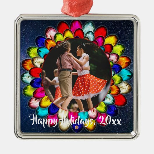 Kleurrijk kerstlampje Blauwe Overweging Moment Metalen Ornament (Voorkant)