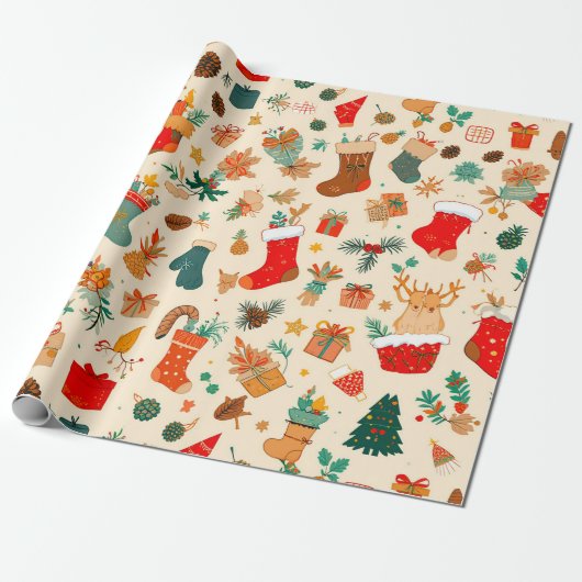 Kleurrijk kerstpatroon cadeaupapier (Uitgerold)