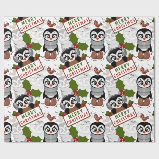 Kleurrijk kerstpatroon Cute Penguin Cadeaupapier (Vlak)