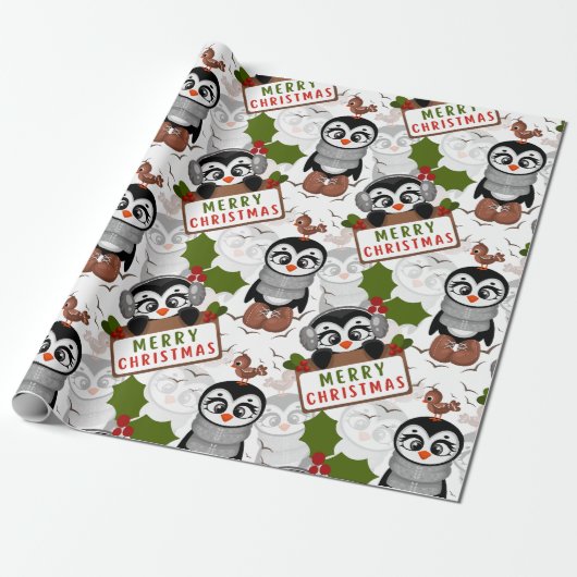 Kleurrijk kerstpatroon Cute Penguin Cadeaupapier (Uitgerold)