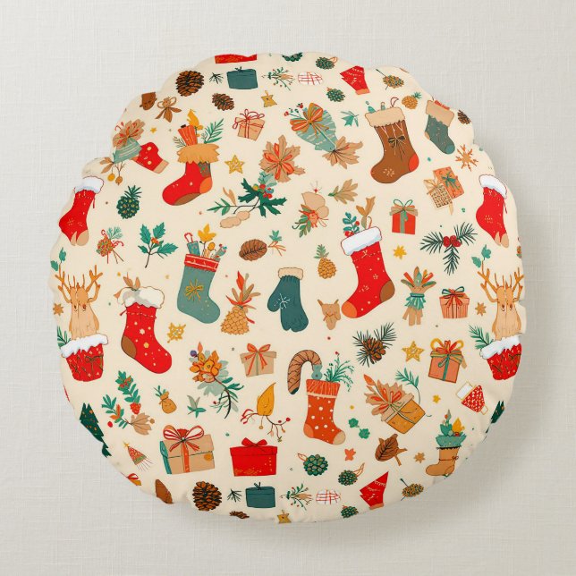 Kleurrijk kerstpatroon rond kussen (Voorkant)