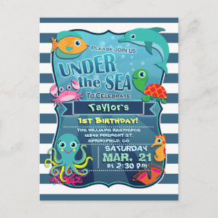 Kleurrijk Kind Zee Life verjaardagsfeestje uitnodi Uitnodiging Briefkaart