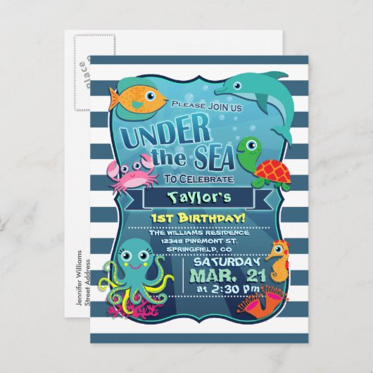 Kleurrijk Kind Zee Life verjaardagsfeestje uitnodi Uitnodiging Briefkaart (Voorkant / Achterkant)