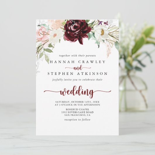 Kleurrijk Klassieke Floral voor en achter bruiloft Kaart (Staand voorkant)