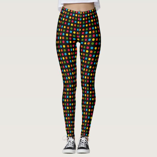 Kleurrijk Klein Polka Dot Patroon op Zwart Leggings (Voorkant)