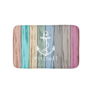 Kleurrijk knoeihout Nautische strips en anker Badmat