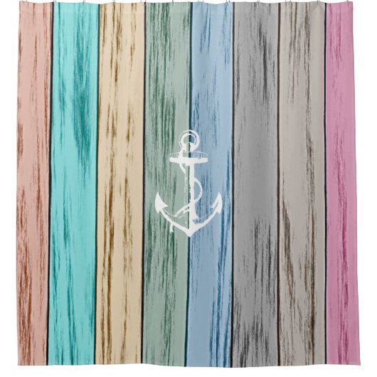 Kleurrijk knoeihout Nautische strips en anker Douchegordijn (Voorkant)