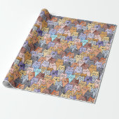 Kleurrijk Knuffel Kat Menigte Patroon Whimsical Ka Cadeaupapier (Uitgerold)