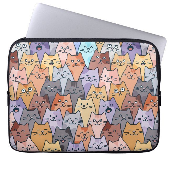 Kleurrijk Knuffel Kat Menigte Patroon Whimsical Ka Laptop Sleeve (Voorkant)