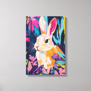 Kleurrijk Konijn Bloemige Muurkunst Whimsical Ko Canvas Afdruk