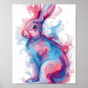 Kleurrijk Konijn Muurkunst – Blauw en Roze Poster