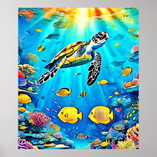 Kleurrijk Koraalrif Kunst met Zeeschildpad Poster (Voorkant)