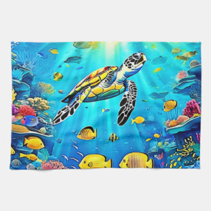 Kleurrijk Koraalrif Kunst met Zeeschildpad Theedoek