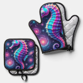 kleurrijk kosmisch zeepaardje ovenwant & pannenlap set (Voorkant / Achterkant)