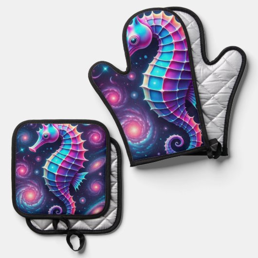 kleurrijk kosmisch zeepaardje ovenwant & pannenlap set (Voorkant / Achterkant)