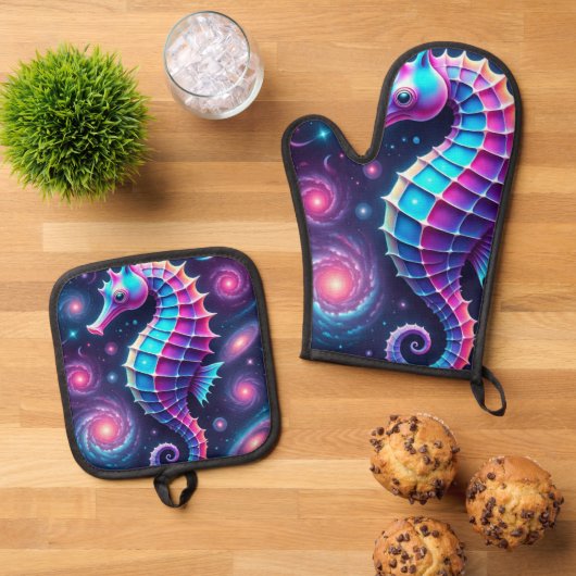 kleurrijk kosmisch zeepaardje ovenwant & pannenlap set (Top down)