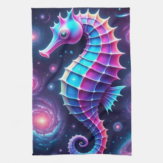 kleurrijk kosmisch zeepaardje theedoek (Verticaal)