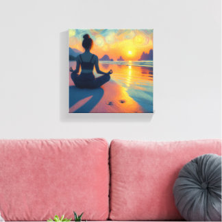 Kleurrijk kunstdoek van een strand bij zonsonderga canvas afdruk