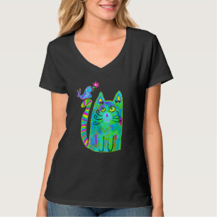 Kleurrijk kunstkleed met blauw vogeltje voor katte t-shirt
