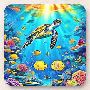 Kleurrijk Kunstwerk van Zeeschildpad en Koraalrif Bier Onderzetter