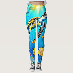 Kleurrijk Kunstwerk van Zeeschildpad en Koraalrif Leggings
