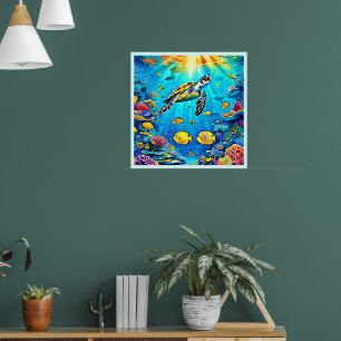 Kleurrijk Kunstwerk van Zeeschildpad en Koraalrif Poster