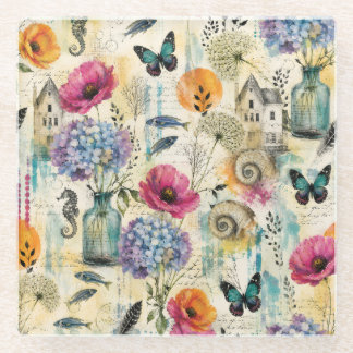 Kleurrijk Kust Botanisch Watercolor Patroon Glazen Onderzetter