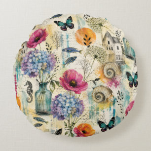 Kleurrijk Kust Botanisch Watercolor Patroon Rond Kussen