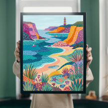 Kleurrijk kustvolkskunst Vuurtoren Strand Canvas