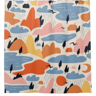 Kleurrijk landschap, bergen, meren, naadloos. douchegordijn