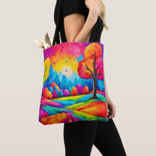 Kleurrijk landschap in droomachtige kunststijl tote bag