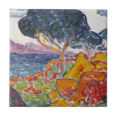 Kleurrijk  landschapsschilderwerk in gebergte tegeltje (Voorkant)