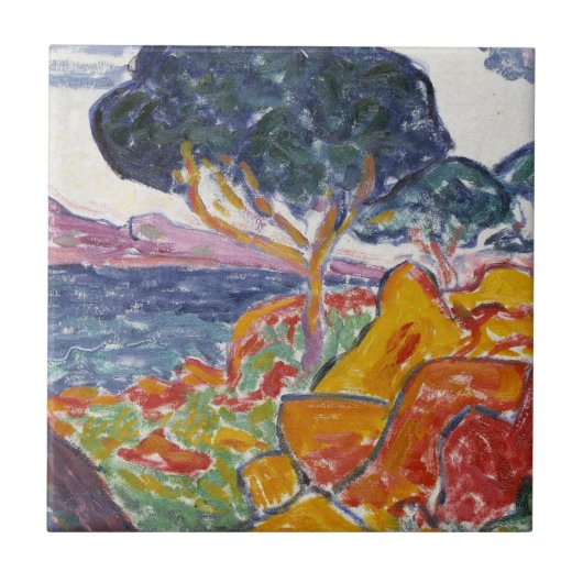 Kleurrijk  landschapsschilderwerk in gebergte tegeltje (Voorkant)