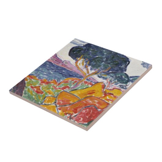 Kleurrijk  landschapsschilderwerk in gebergte tegeltje (Zijkant)