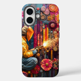 Kleurrijk Las Kunst - Lasser in Bloemrijke Industr iPhone 16 Hoesje