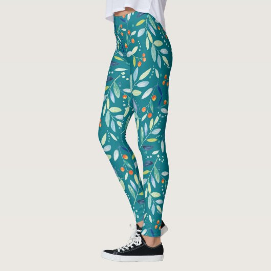 Kleurrijk leder en Oranje bessen botanisch patroon Leggings (Links)