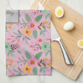 Kleurrijk Lente Bloemen Patroon Naam Initiaal Theedoek (Quarter Fold)