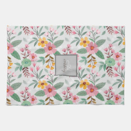 Kleurrijk Lente Bloemen Patroon Naam Monogram  Theedoek