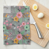 Kleurrijk Lente Bloemen Patroon Naam Monogram Theedoek (Quarter Fold)