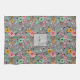 Kleurrijk Lente Bloemen Patroon Naam Monogram Theedoek