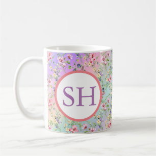 Kleurrijk Lentebloem Watercolor Patroon Monogram Koffiemok