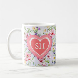 Kleurrijk Lentebloem Watercolor Patroon Monogram Koffiemok