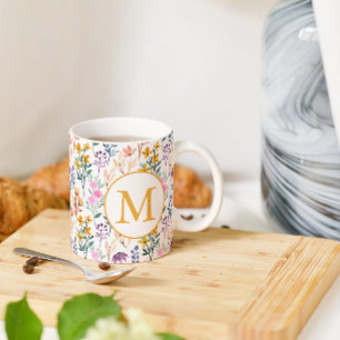 Kleurrijk Lentebloem Watercolor Patroon Monogram Koffiemok