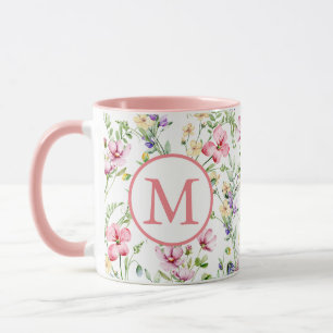 Kleurrijk Lentebloem Watercolor Patroon Monogram Mok