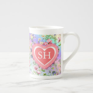 Kleurrijk Lentebloem Watercolor Patroon Monogram Porselein Kop