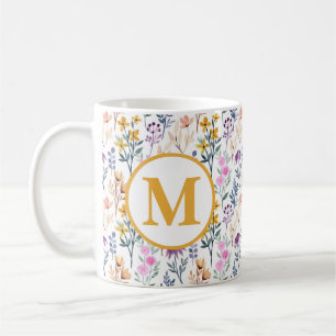 Kleurrijk Lentebloem Waterkleurpatroon Monogram Koffiemok
