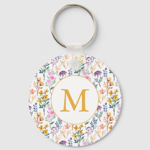 Kleurrijk Lentebloem Waterverf Patroon Monogram Sleutelhanger
