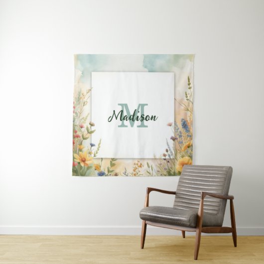 Kleurrijk Lentebloem Wilde Bloem Monogram Frame Wandkleed (In situ)