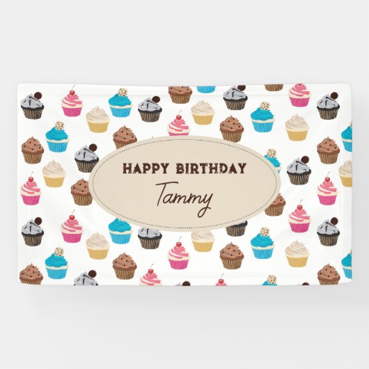 Kleurrijk Leuk Cupcakes Patroon Verjaardagsfeest Spandoek (Horizontaal)