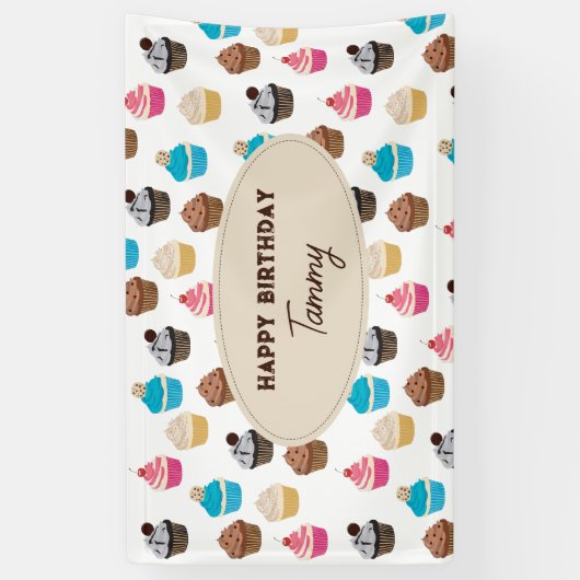 Kleurrijk Leuk Cupcakes Patroon Verjaardagsfeest Spandoek (Verticaal)